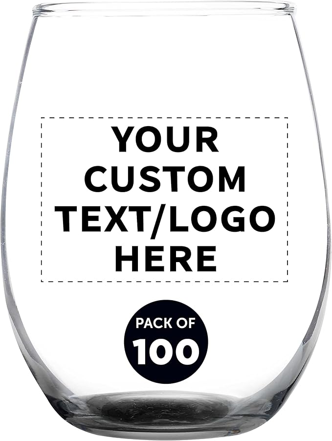 Custom Stemless Wine Glass 9 oz. Set of 100, Personalized Bulk Pack - Great for Wedding Favors, Bachelorette Party Decorations, Party Fovors, Color Bottom - Black