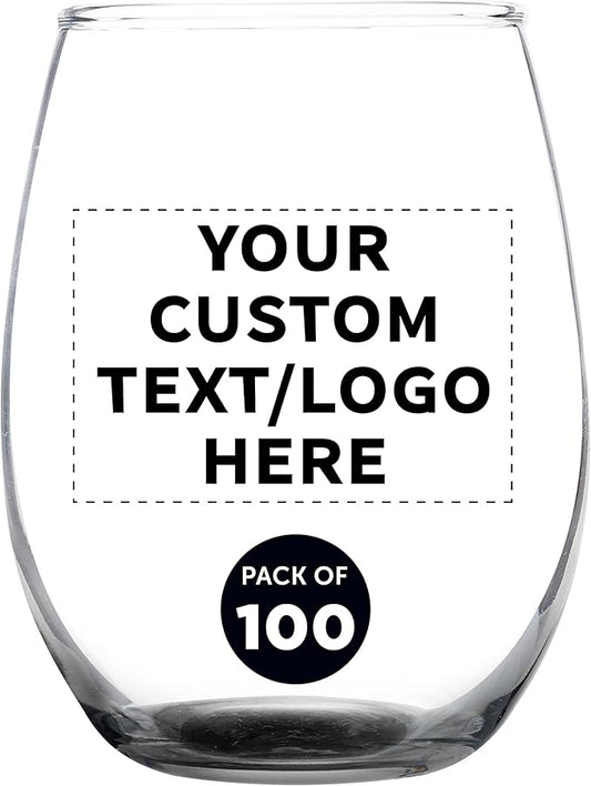 Custom Stemless Wine Glass 9 oz. Set of 100, Personalized Bulk Pack - Great for Wedding Favors, Bachelorette Party Decorations, Party Fovors, Color Bottom - Black