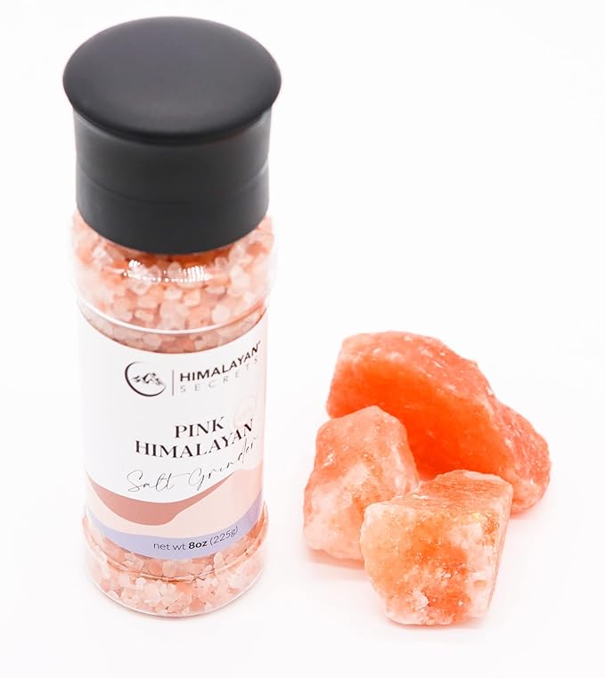 Himalayan Secrets Pink Salt Coarse Grinder - Natural Gourmet Cooking Salt, Kosher Certified, Unrefined, Mineral Rich, Bold Flavor, No Additives, Refillable Container with Ceramic Mill (8 oz)