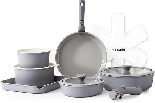 SENSARTE 17 Piece Ceramic Pots and Pans Set, Nonstick Detachable Handle Cookware, Induction Kitchen Cookware Set with Removable Handle, Dishwasher ＆ Oven Safe (Gray)