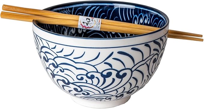Urban Tokyo Porcelain Japanese Motif Design Ramen Udon Noodle Rice Bowl With Chopsticks 20 fl oz 6 inch Diameter Bowl Sets Color Box Packaging (Nami Waves)