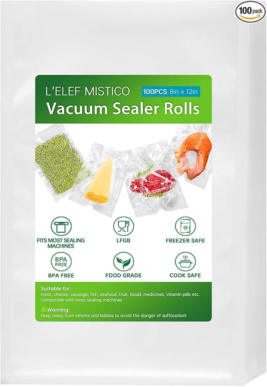 L'ELEF MISTICO Precut Vacuum Sealer Bags for Food, 100 Quart 8" x 12" BPA Free Food Saver, Vacuum Storage for Sous Vide and Freezer