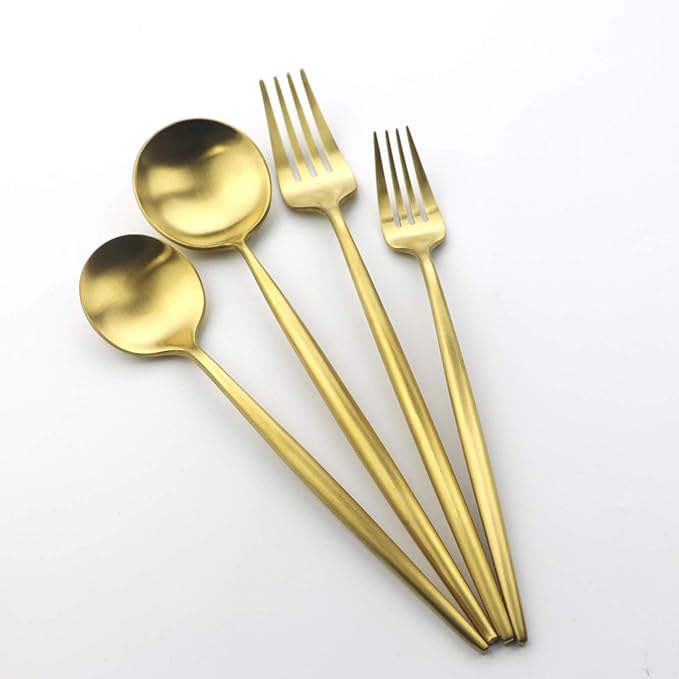 Gugrida 5 Pieces Matte Gold Handle 18/10 Stainless Steel Silverware Set, Flatware Set Titanium Cutlery Set, Utensils Set for Home Restaurant, Dishwasher Safe (Full Gold)