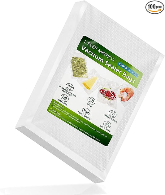 L'ELEF MISTICO Precut Vacuum Sealer Bags for Food, 100 Gallon 11" x 16" BPA Free Food Saver, Vacuum Storage for Sous Vide and Freezer