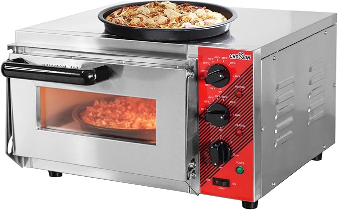 CROSSON Electric 12” Pizza Oven Countertop with Pizza Stone, 30-minute Timer and interior light,Indoor Stainless Steel Pizza Maker for Home Use,120V/1600W