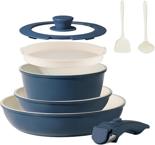 8PCS Ceramic Cookware,Nonstick Pan, Removable Handle Ceramic Pots and Pans Set, Stackable Set, Nonstick Pan Pots and Pans Set Non Stick pot(Blue)