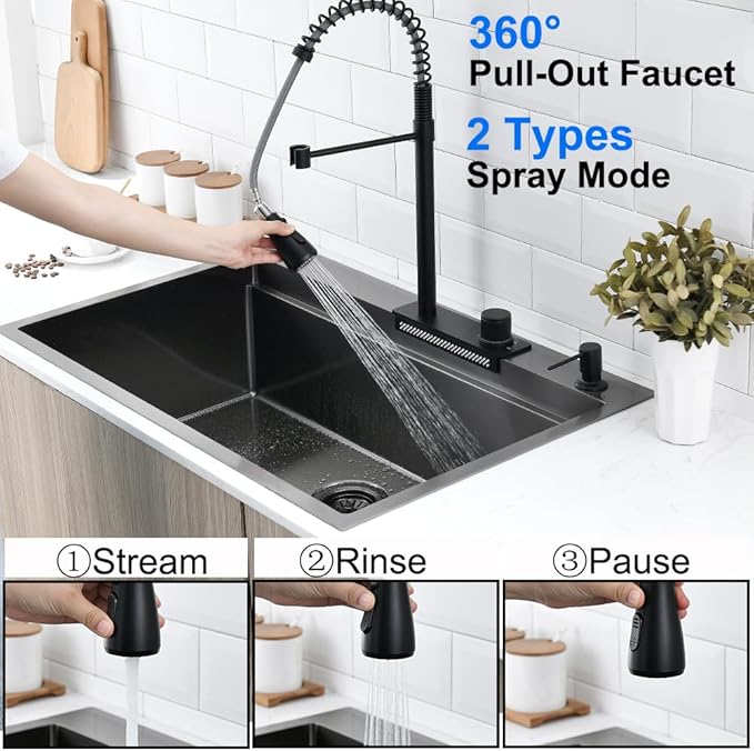 Black Kitchen Sink with Waterfall Faucet Combo, 33x22 Drop in Kitchen Sink with Faucet Stainless Steel 16 Gauge Single Bowl Modern Ledge Workstation