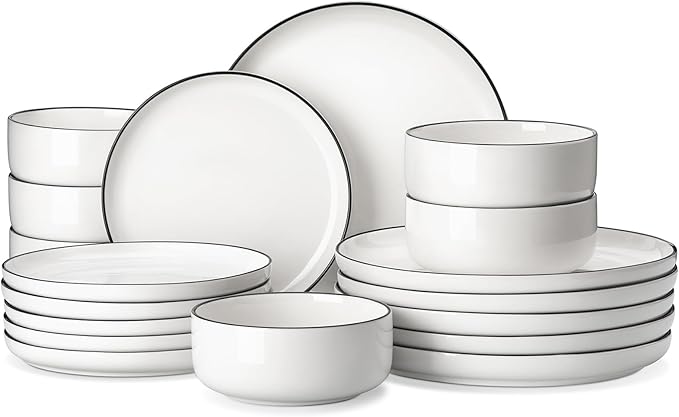 MALACASA Plates and Bowls Sets, 18 Pieces Modern Porcelain Dinnerware Set for 6 White Kitchen Dinner Ware Set wtih Black Rim Ceramic Dishware Dishes Microwave and Dishwasher Safe, Series LUNA