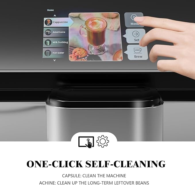 Fully Automatic Espresso Machine with Smart TFT Touchscreen, Brewing System and Automatic Milk Frothing System, 6 One-Touch Programs, 1.5L Detachable Water Tank for Home/Office Use, Grey