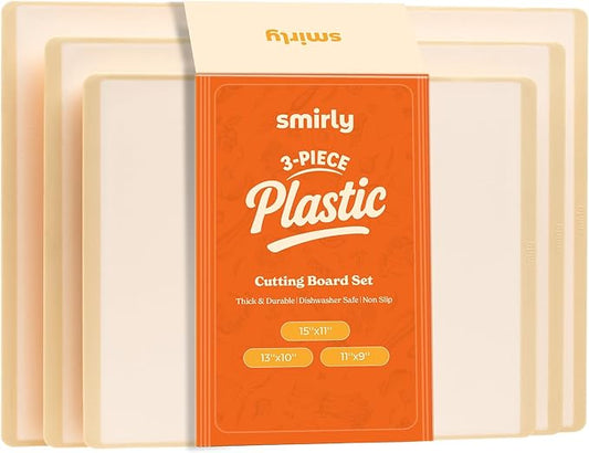 SMIRLY Plastic Cutting Board Set 3 Pieces, Non-Slip Dishwasher Safe Chopping Boards for Kitchen, Cream White