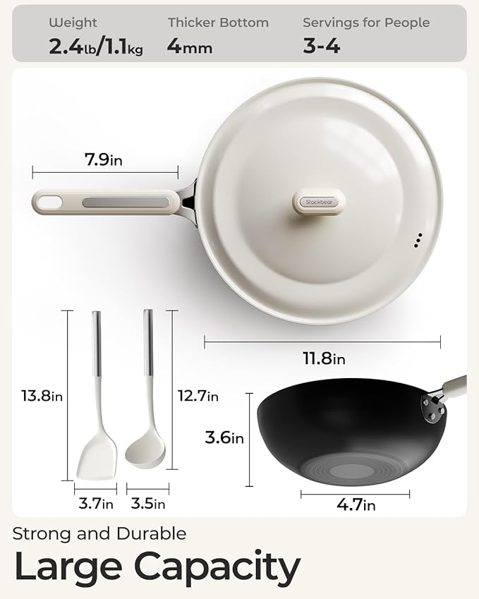 Carbon Steel Wok Pan - 11.8 Inch Pre-Seasoned Flat Bottom Chinese Woks & Stir Fry Pans with Lid, Lightweight Kitchen Cookware for All Stovetops, Gas, Electric, Gift for Women/Mom with Spatula Spoon