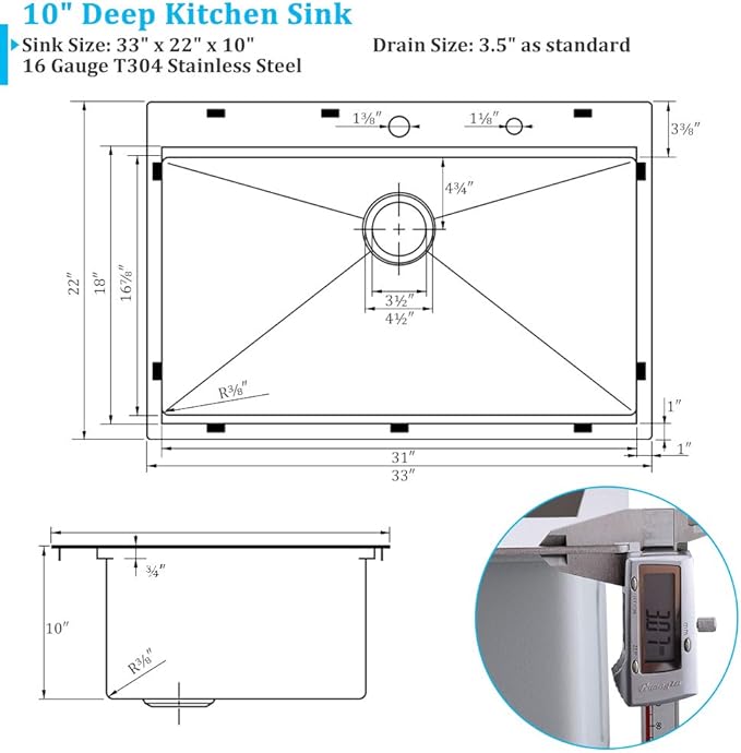 33x22 Drop In Kitchen Sink 16 Gauge Stainless Steel Workstation Kitchen Sink 10 Inch Deep Top Mount Single Bowl 2 Holes (33"x22"10")