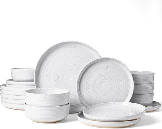 Stoneware Dinnerware Sets, Plate and Bowl Sets for 6, 18 Pieces Spiral Flared Dishware Set with Speckles & Reactive Glaze - Microwave and Dishwasher Safe Tableware, White