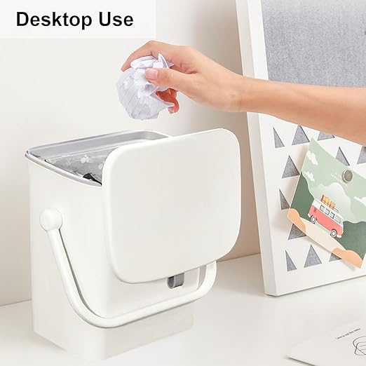 LALASTAR Small Trash Can with Lid, Kitchen Compost Bin for Countertop or Under Sink, Plastic Hanging Waste Basket for RV/Office/Bedroom/Dorm, Mountable, 4L/1 Gal, White