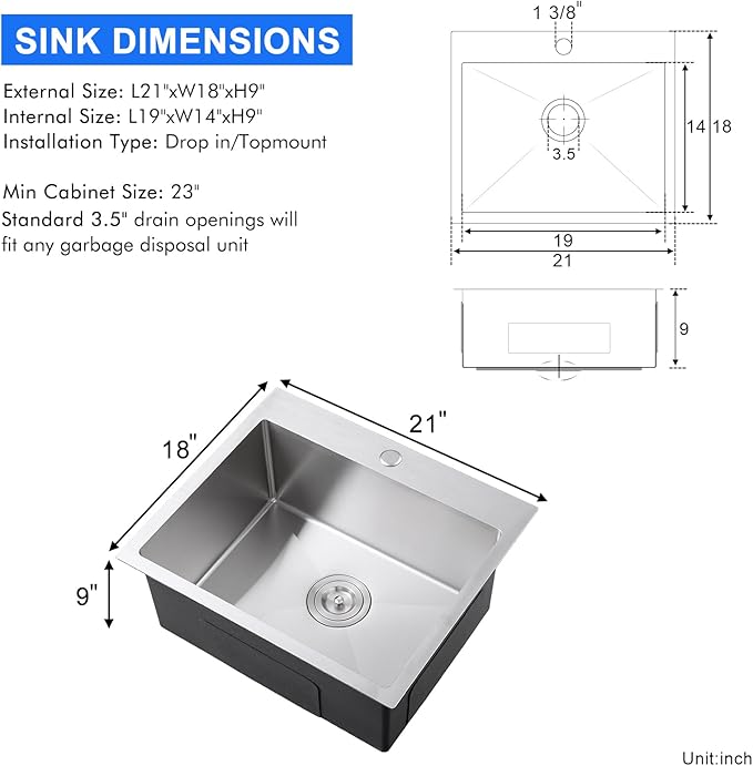 MENATT 21 Inch Drop in Kitchen Sink Brushed Nickel, 18 Gauge Stainless Steel 1 Faucet Hole Single Bowl Kitchen Sink Topmount 9 inch Deep Basin Bowl with Drain Strainer, D21"xW18"xH9"
