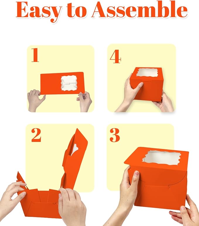 Bakepacker 36pcs 6x6x5 Inches Cake Boxes with Window 18-Packs Orange Cake Boxes 6 Inch Bakery Boxes (18 Cake Boxes +18 Cake Boards Included)