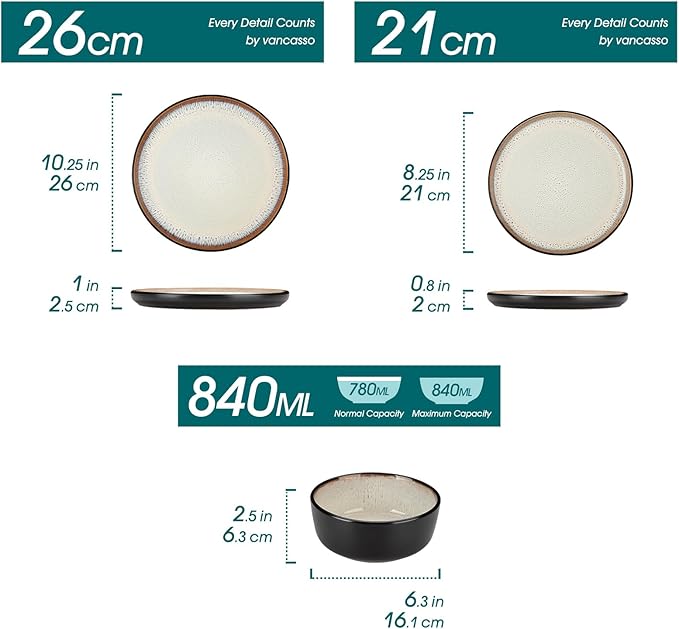 vancasso Plates and Bowls Sets, 18 Pieces Stoneware Dinnerware Sets for 6, Kitchen Dish Set Mircowave and Dishwasher Safe Dinner Set Ceramic Dishware, Light Cream, Series AMBER