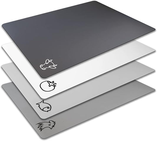 Fotouzy Flexible Plastic Cutting Board Mats with Food Icons, BPA-Free, Non-Porous, 100% Non-slip Back and Dishwasher Safe, Unique Modern Neutral Colors, Set of 4 Gray