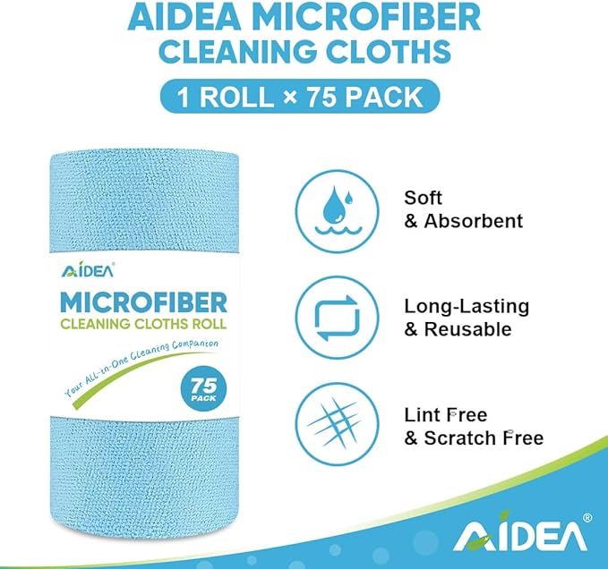 AIDEA Microfiber Cleaning Cloth Roll, 75PK, Reusable Tear Away Paper Towels, Microfiber Towels for Cars, Washable Shop Rags Blue, Lint Free Rags for House, Mechanic, Workshops, 11.5"×11.5"