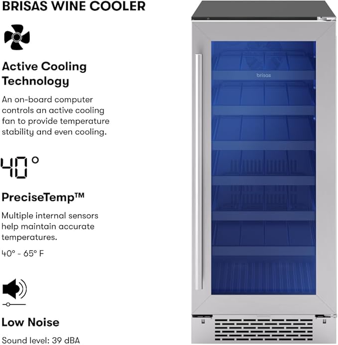 Zephyr Brisas 15 Inch Slim Wine Fridge Single Zone Under Counter - Narrow Mini Wine Cooler Small Cabinet Wine Refrigerator Home Bar Freestanding with Glass Door - 28 x 750ml Bottles