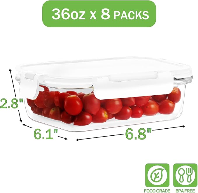 8 Pack 36oz Large Glass Meal Prep Containers with lids, Glass Food Storage Containers with Leak Proof Snap Lock Lids , Airtight Bento lunch Boxes, Kitchen Storage, Oven and Dishwasher Safe-White