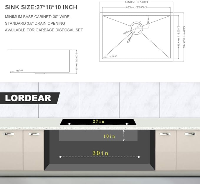 Lordear 27 Undermount Kitchen Sink 27X18 Inch Deep Single Bowl 16 Gauge Stainless Steel R10 Round Corner Under Counter Handmade Kitchen Sink Basin