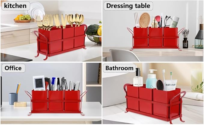 Kitchen Utensil Holder for Countertop - Outdoor Silverware Caddy, Picnic and Camping Utensil Organizer, Flatware Holder for Party Gatherings, Metal and Durable Design (Red)