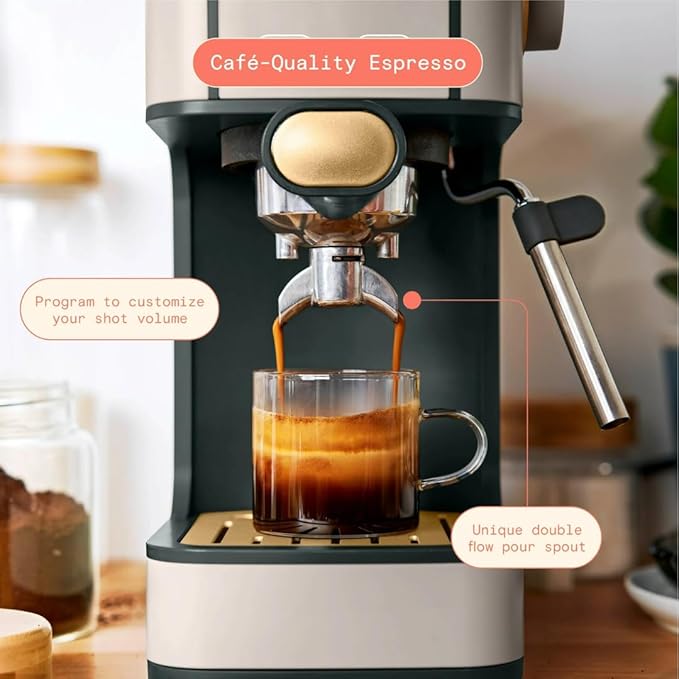 Beautiful Slim Espresso Maker by Drew Barrymore – 20‑Bar Pressure, Dual‑Spout 52 mm Portafilter, 50 oz Removable Tank, 2‑in‑1 Steam Wand & Touch Controls (Porcini Taupe)