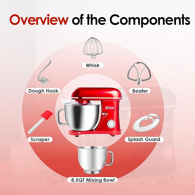 Kitchen in the box Stand Mixer - 8.5 Quart Giant Capacity Mixing Bowl, 900 Watt Powerful Heavy Bread Dough Standing Mixers Tilt-head with Dough Hook, Whisk, Flat Beater and Splash Guard (Red)