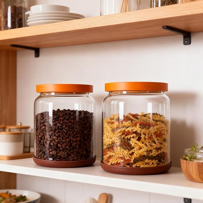 SAIOOL 2PCS Large Glass Storage Jars with Wooden Lids,Airtight Food Storage Containers, 3mm Thick Glass Kitchen Pantry Organization, Laundry Detergent Pods, with Scoop & Labels (67 FL OZ/2000 ml)