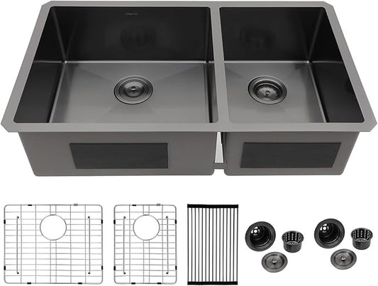 Logmey 33x19 Gunmetal Black Undermount Double Sink - 60/40 Double Bowl Stainless Steel Sink