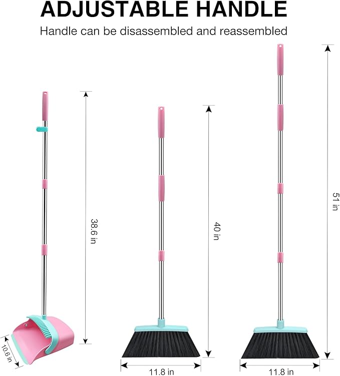 NACENA Broom and Dustpan Set, 52-in Long Adjustable Handle Broom Dustpan Combo with Dustpan Teeth to Automatically Clean Hair Suitable for Home Kitchen Office Hall Floor (Pink&Blue), 4 Pack
