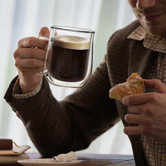 Double Walled Glass Coffee Mugs 12 oz, Glass Coffee Cups Set of 4 with Spoons, Clear Coffee Mug with Handles for Hot Beverages, Cappuccino, Latte, and Tea Bags.