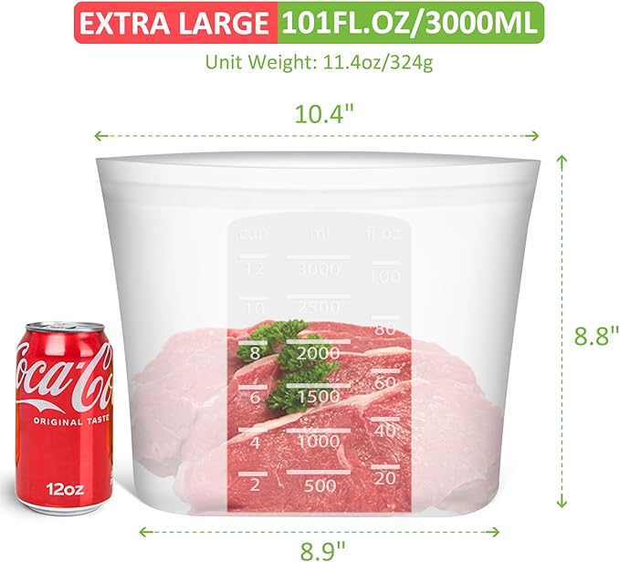 Reusable Storage Bags Extra Large, 0.8 Gallon/101 fl.oz/3000 ml, 4 Pack 100% Silicone Food Storage Bags Stand Up Zip Lock for Large Food Items, Freezer Microwave Oven Dishwasher Safe, Translucent