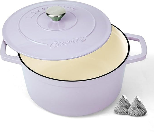 Enameled Cast Iron Dutch Oven – 4.4 Quart Pot with Lid & Potholders – Heavy-Duty Cookware for Bread Baking, Braising, Stews & Roasting – Oven & Stovetop Safe up to 500°F – Purple