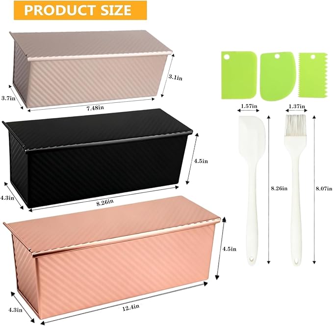 3 Pack Set Pullman Loaf Pan with Lids, 2.2 lb & 1 lb & 0.8 lb Dough Capacity,Non-Stick Sandwich Bread Loaf Pan for Homemade Baking Bread