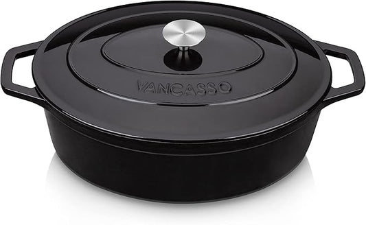 vancasso Enameled Cast Iron Oval Dutch Oven, 9.3 Quart with Non-Stick Enamel Coating for Bread Baking, Black Double Handle Pot with Lid