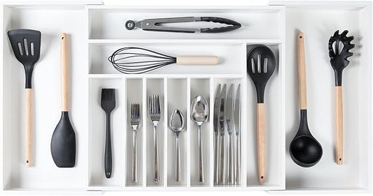 KitchenEdge Premium Silverware, Flatware and Utensil Organizer for Kitchen Drawers, Food-Safe Contract Grade, Expandable from 18 to 33 In, White Bamboo