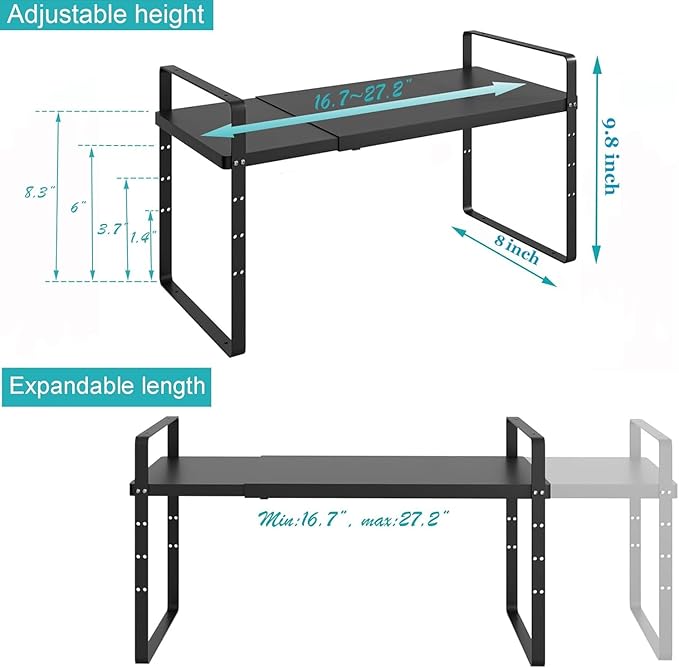 Redrubbit Expandable Cabinet Shelf Organizers, Stackable Kitchen Counter Shelves Spice Rack for Kitchen Bathroom Pantry Cupboard Desk Home Office, Metal Plate Heavy Duty Nonslip Black