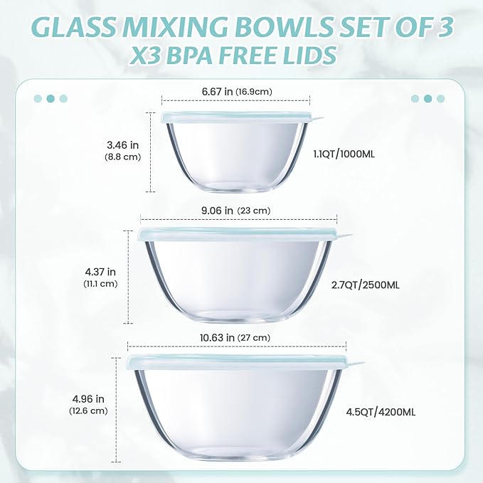 Luvan Glass Mixing Bowls with Lids Set(4.5QT, 2.7QT, 1.1QT)-Large Glass Mixing Bowls, Clear Salad Bowl for Baking, Cooking, Serving, Food Prep, 3PC Nesting Bowls for Kitchen Storage & Dishwasher Safe