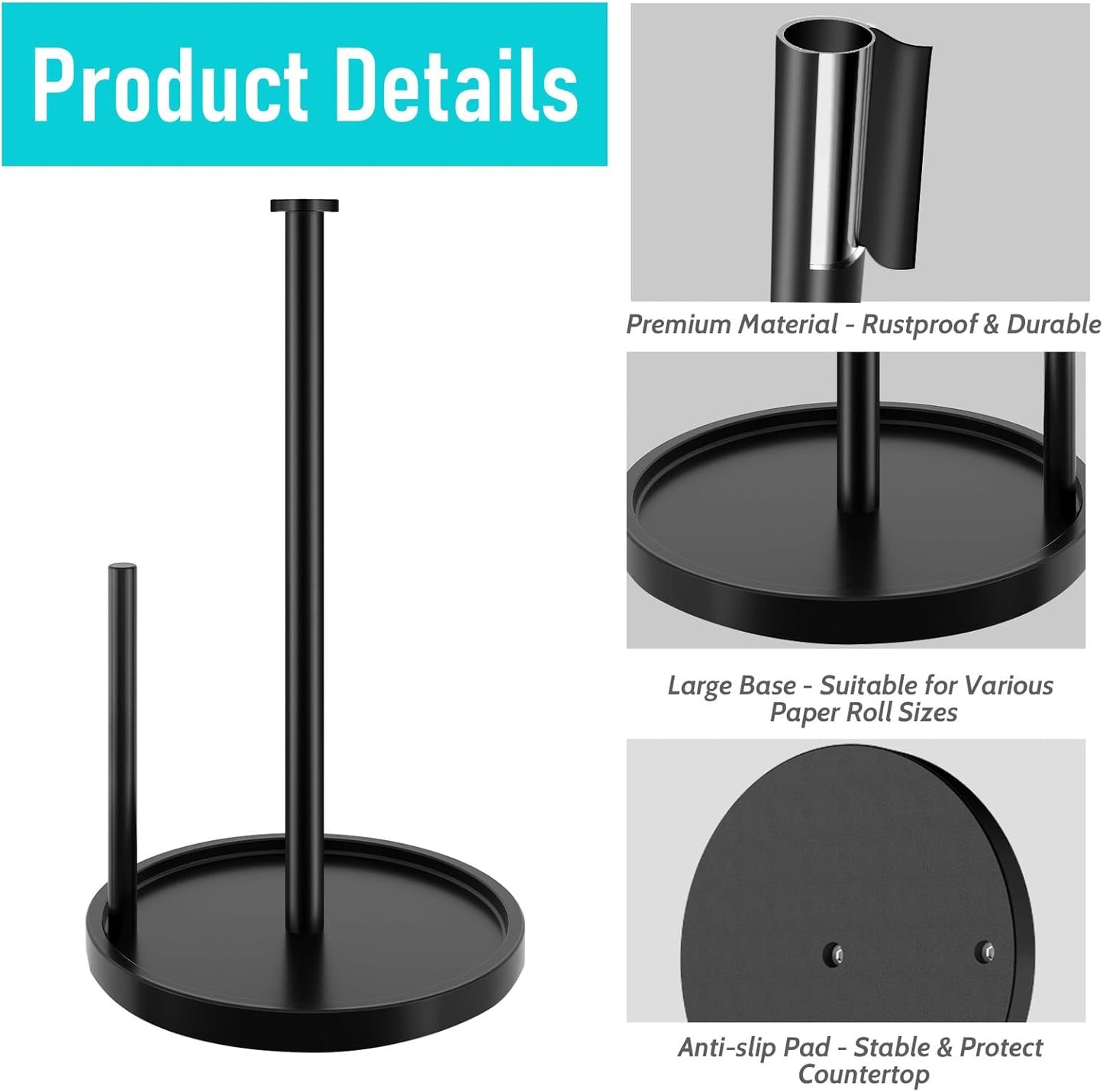 Paper Towel Holder Countertop, Standing Paper Roll Holder with Anti Slip Weighted Base, Stainless Steel Freestanding Paper Towel Holder for Kitchen, Black
