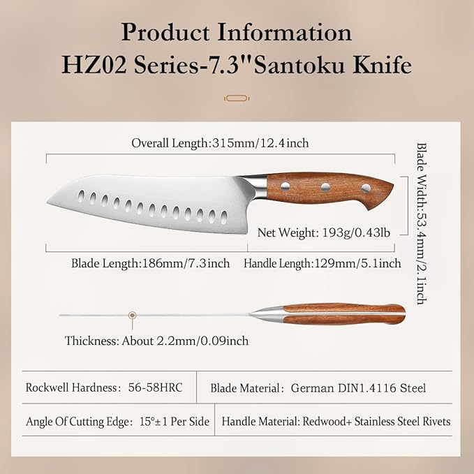 HEZHEN Santoku Chef Knife-7.3 inch Blade German DIN 1.4116 Stainless Steel-Full Tang-Red Wood Handle