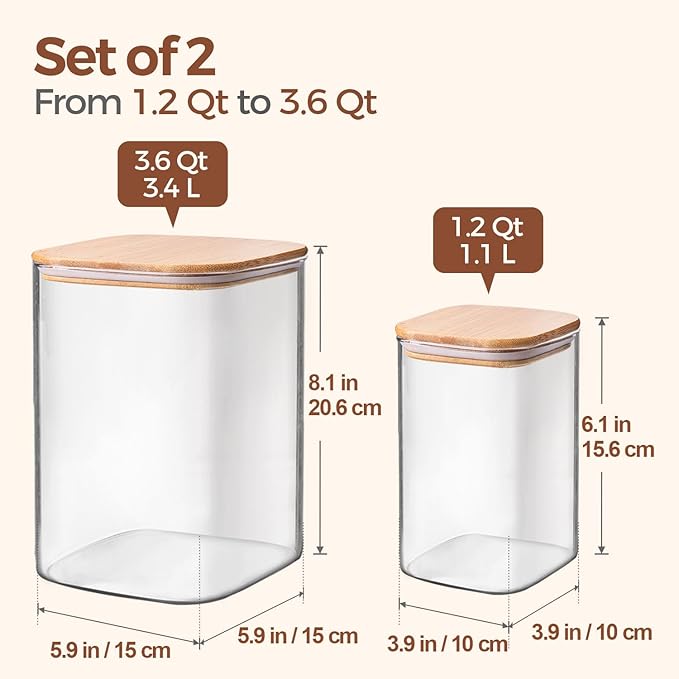 ComSaf Glass Food Storage Containers, 3.6Qt/1.2Qt Glass Flour and Sugar Containers with Airtight Lids, Large Square Jars with Bamboo Lids for Rice, Pasta, Oats, Grains, Cookies, Snacks, Candy