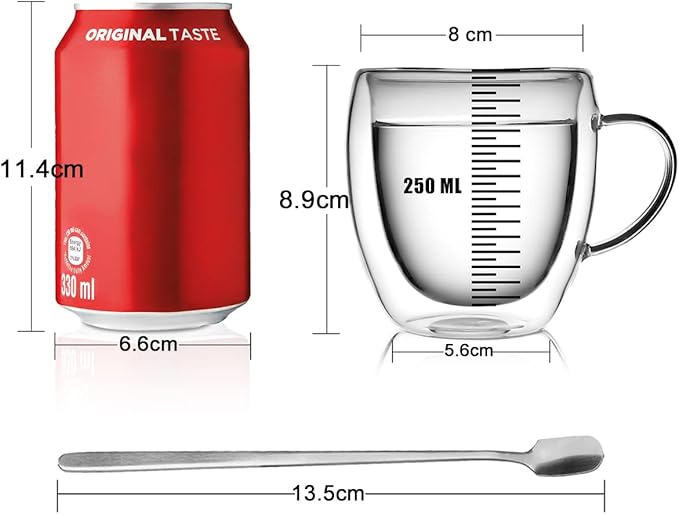 LIBWYS 4 Pack 250ml Double Walled Glass Coffee Mugs with 4 Spoons, Cappuccino Latte Tea Cups with Handle, Heat Resistant Drinking Glasses