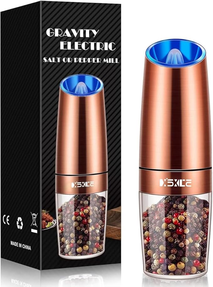 XinXu Gravity Electric Pepper/Salt Grinder, Salt or Pepper Mill, Adjustable Coarseness, Battery Powered with LED Light, One Hand Automatic Operation (Single/Copper)