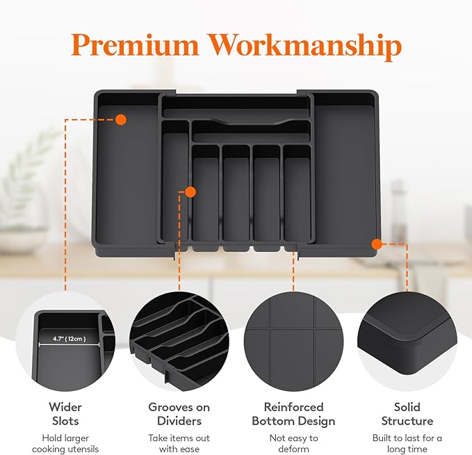 Lifewit Silverware Drawer Organizer, Expandable Utensil Organizer for Kitchen Drawers, Adjustable Cutlery and Flatware Tray, Plastic Spoons Forks Knives Holder Storage Dividers, Large, Black