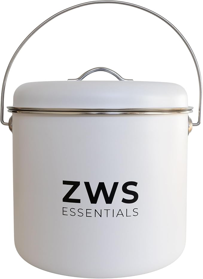 White Stainless Steel Compost Bin | 6.5L Odor-Free Kitchen Countertop Food Scrap Pail with Charcoal Filter | Compact Zero Waste Solution for Home and Apartment Kitchens