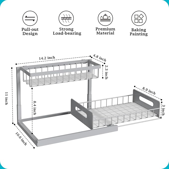 REALINN Under Sink Organizer, Pull Out Cabinet Organizer 2 Tier Slide Out Sink Shelf Cabinet Storage Shelves, Storage for Kitchen Bathroom, Grey, 1 Pack