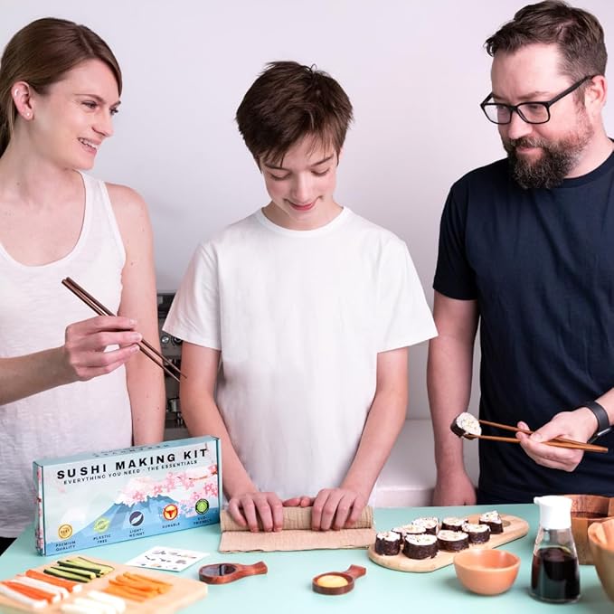 No Plastic Premium Sushi Making Kit for Home, for Beginners or Pro Sushi makers. Made of Premium Wood, includes Tea Cloth, Planet-Friendly - the Best Gift and DIY Home Sushi Kit Experience