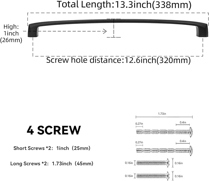 10 Pack 12-3/5 Inch(320mm) Kitchen Cabinet Handles Matte Black Cabinet Pulls Zinc Alloy Drawer Pulls Solid Kitchen Hardware